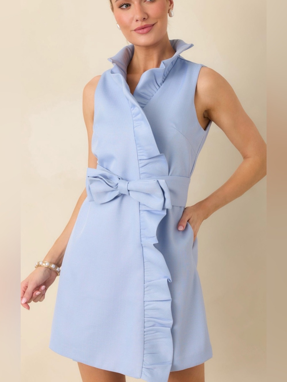 Prosperina Lilly SPA Sleeveless Light Blue Ruffle Bow Mini Dress